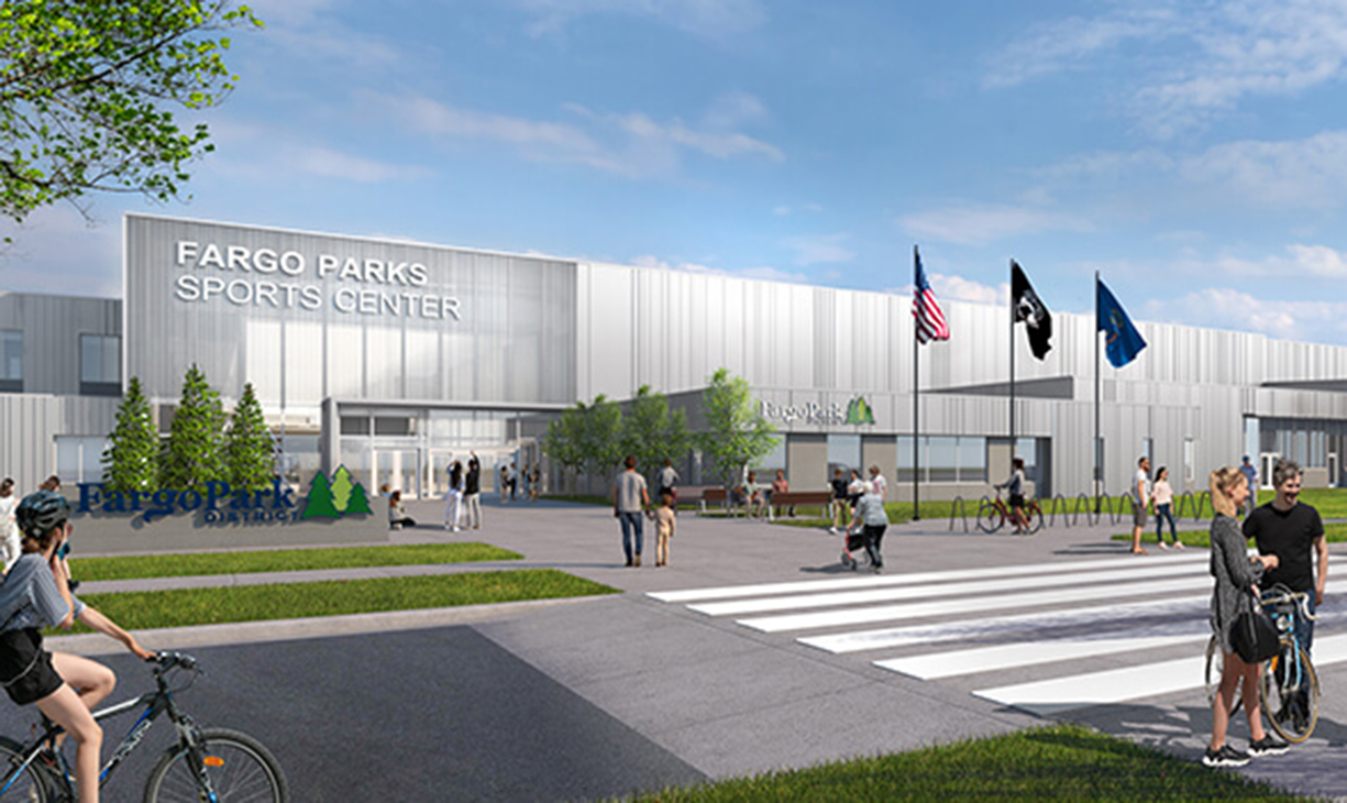 Rendering of the exterior of Fargo Parks Sports Center