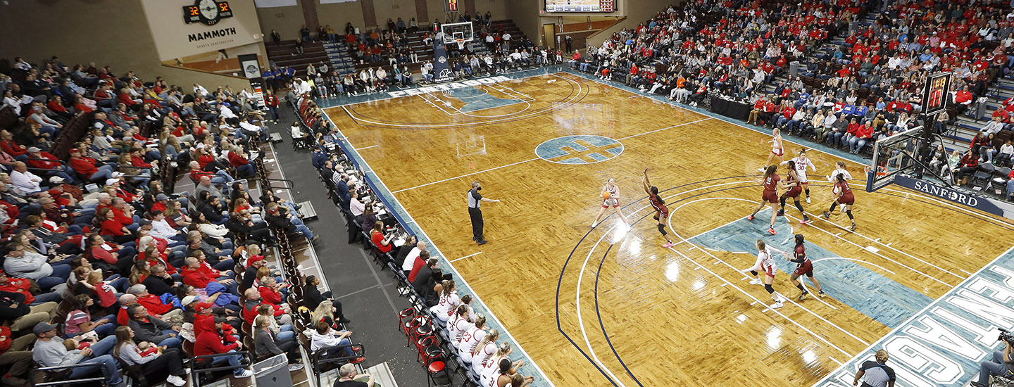 Crowd shot of the women's basketball game between the University of South Dakota and the University of South Carolina at the Sanford Pentagon