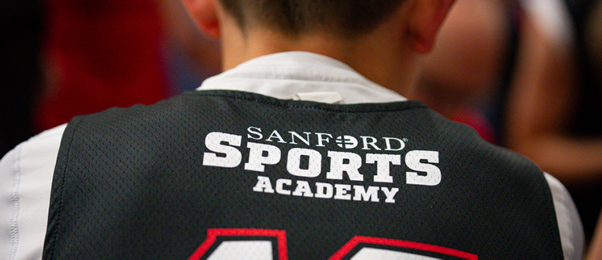 Top back half of a kid's jersey in black that says "Sanford Sports Academy"