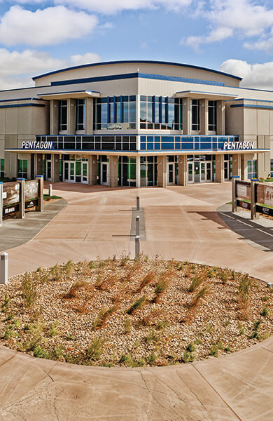 Image of the exterior of the Sanford Pentagon on a beautiful blue sky day in Sioux Falls, SD