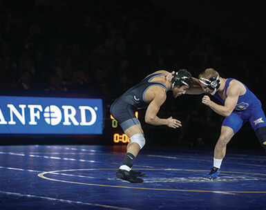 Two wrestlers in action during a duel at the Sanford Pentagon