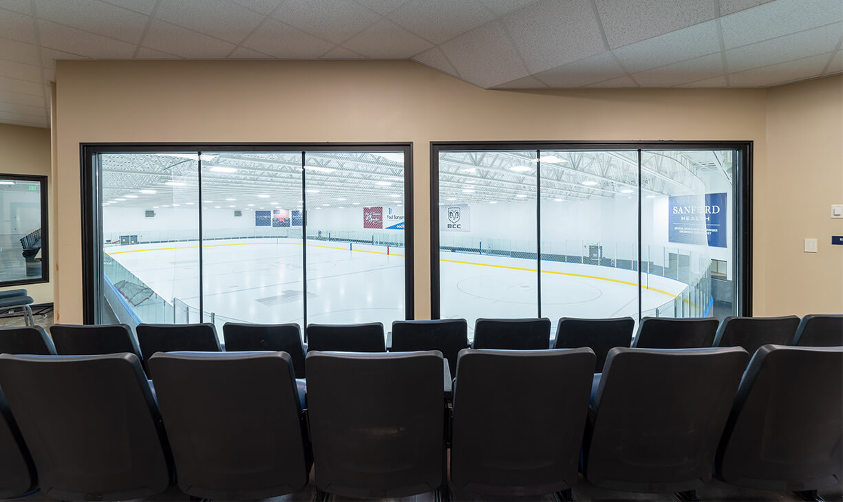 Spectator and parent seating just outside the ice rink at the Bemidji Community Arena.